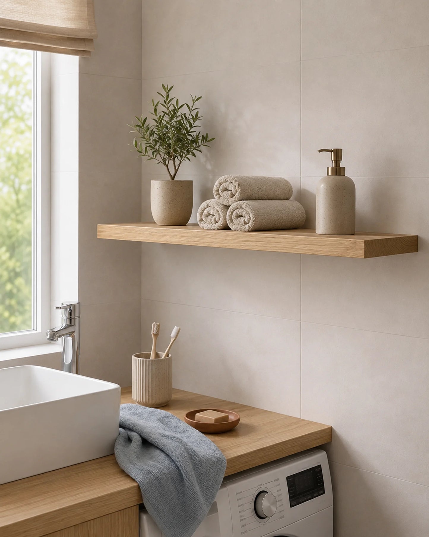 Straight Edge Floating Shelves for Bathroom - Set of 2, Ash Finish