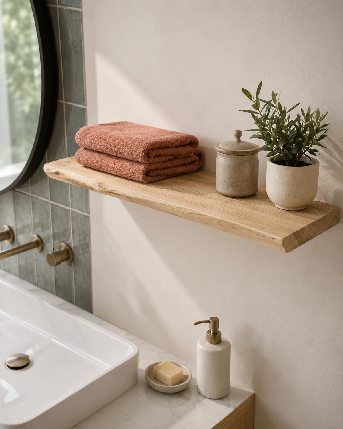 Live Edge Floating Shelves for Bathroom - Set of 2, Ash Finish