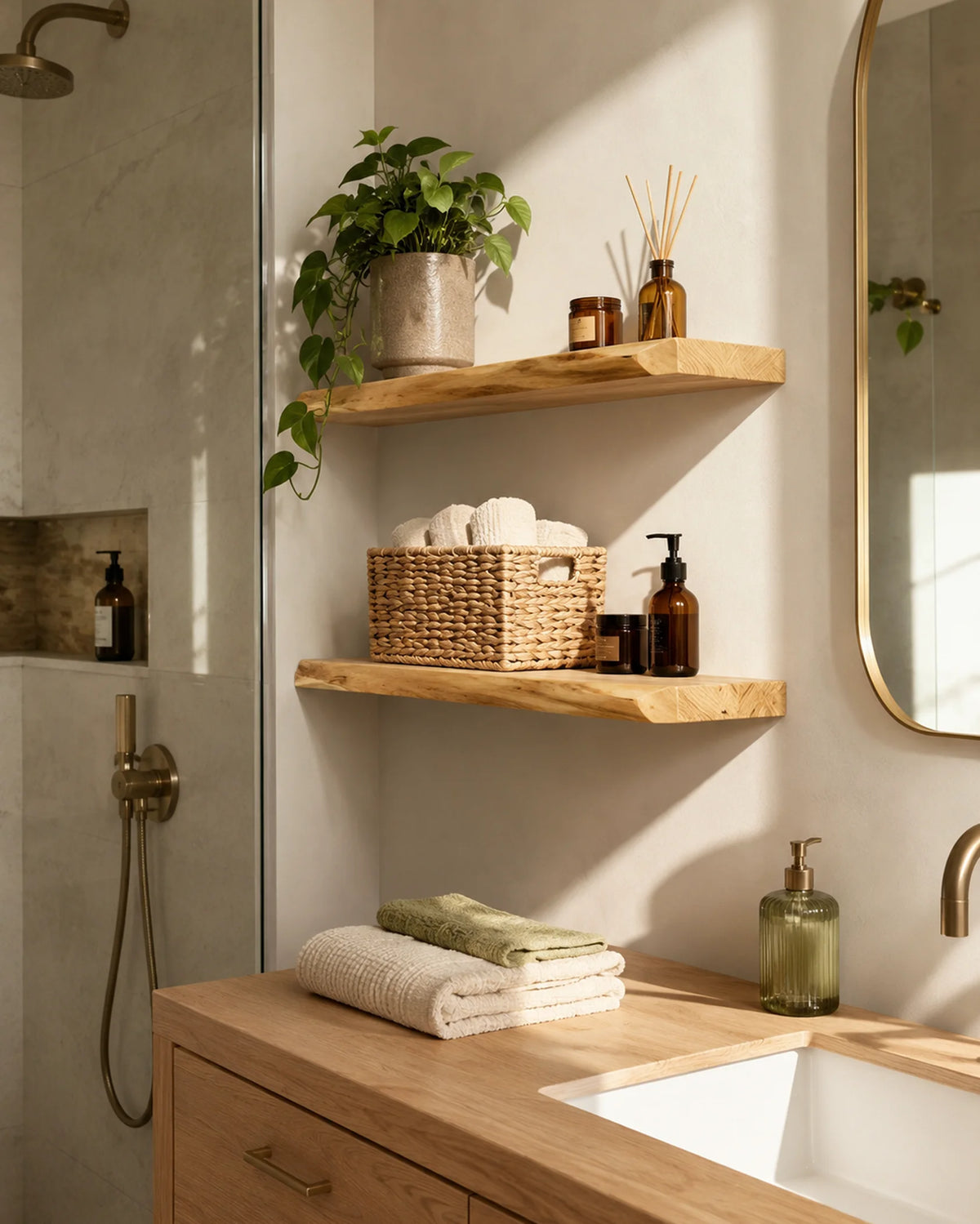 Live Edge Floating Shelf for Bathroom - Oak Finish
