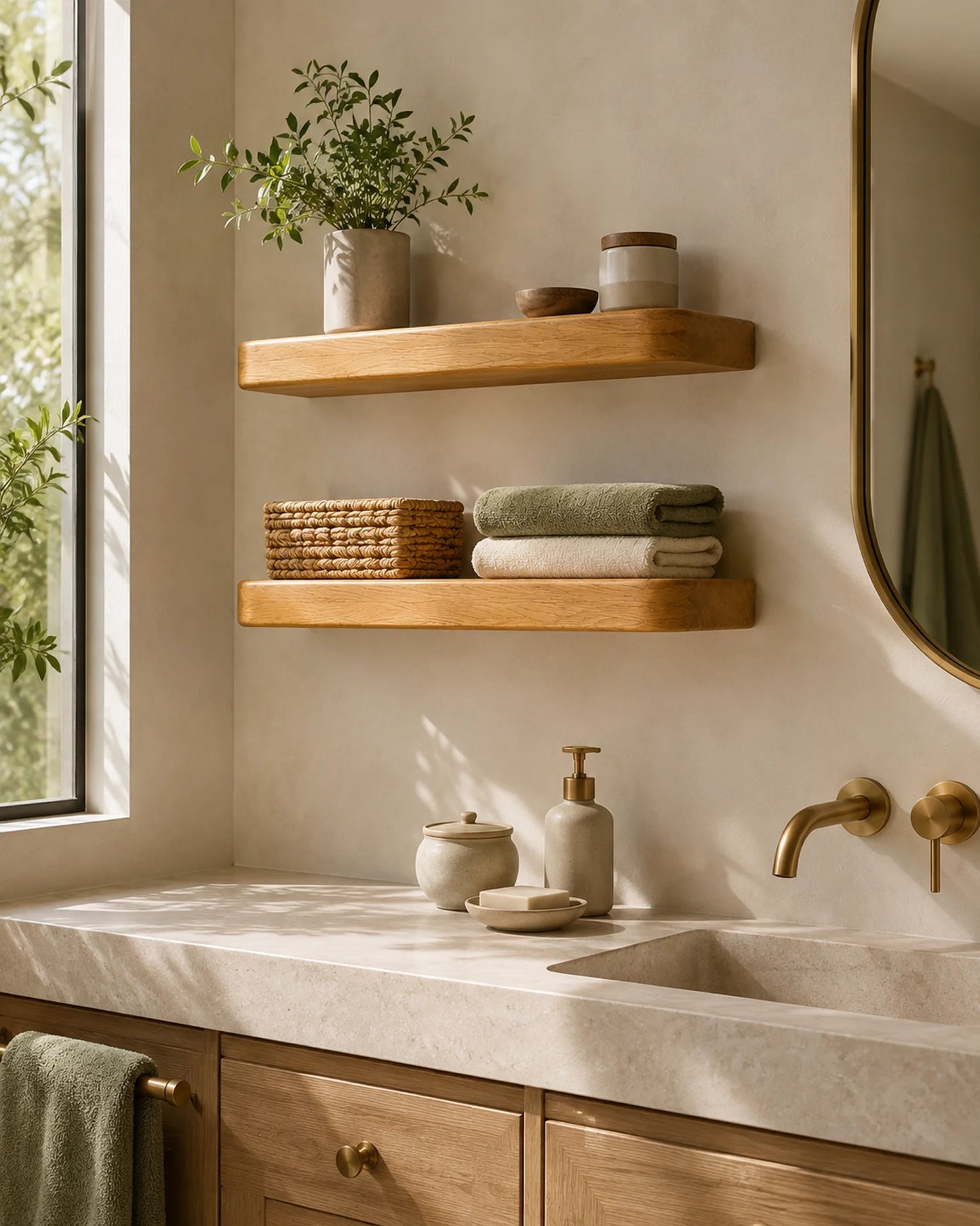 Rounded Edge Floating Shelf for Bathroom - Oak Finish