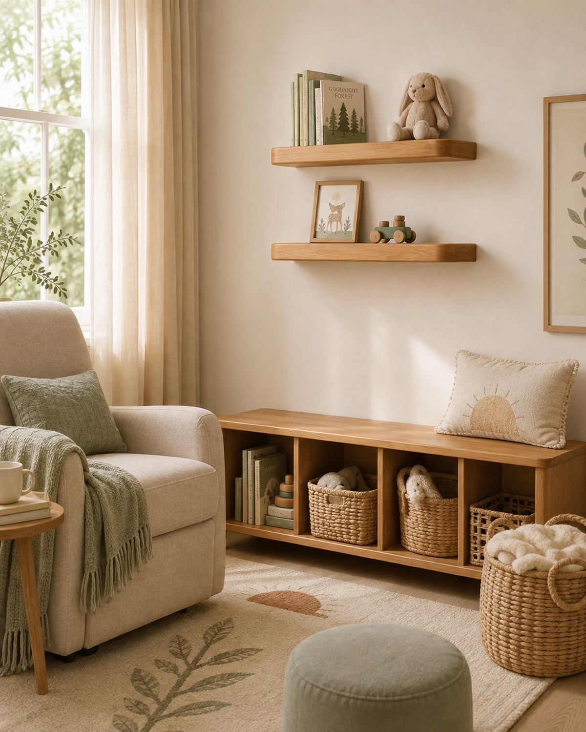 Rounded Edge Floating Shelf for Nursery - Oak Finish