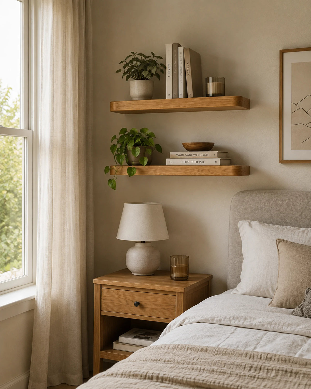 Rounded Edge Floating Shelf for Bedroom - Oak Finish