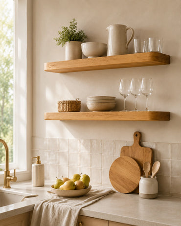 Rounded Edge Floating Shelves for Kitchen - Set of 2, Oak Finish