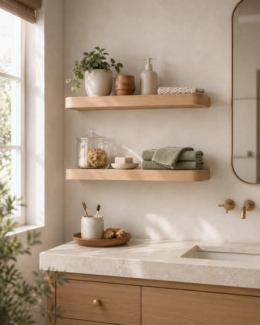 Rounded Edge Floating Shelves for Bathroom - Set of 2, Ash Finish