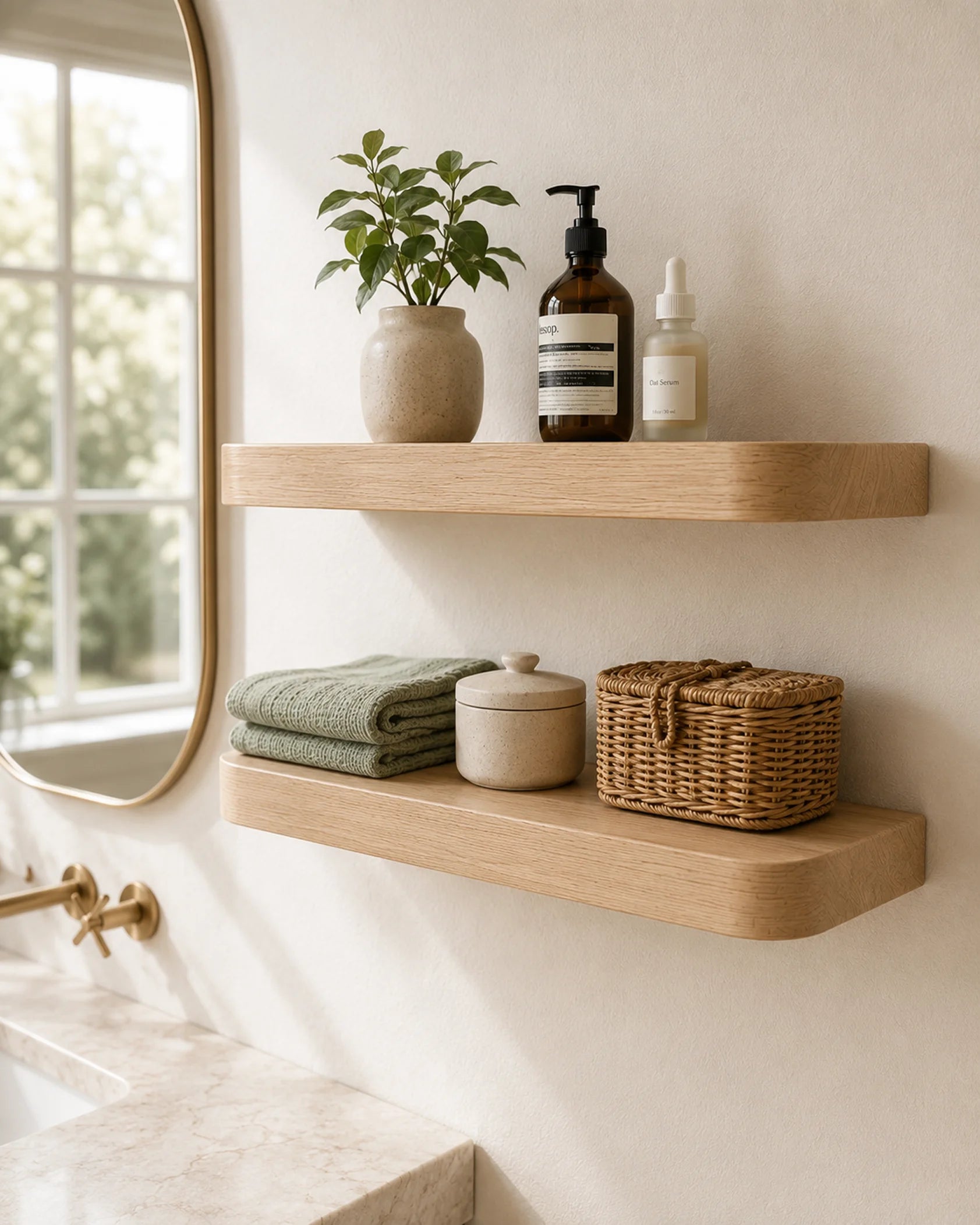 Rounded Edge Floating Shelves for Bathroom - Set of 2, Ash Finish