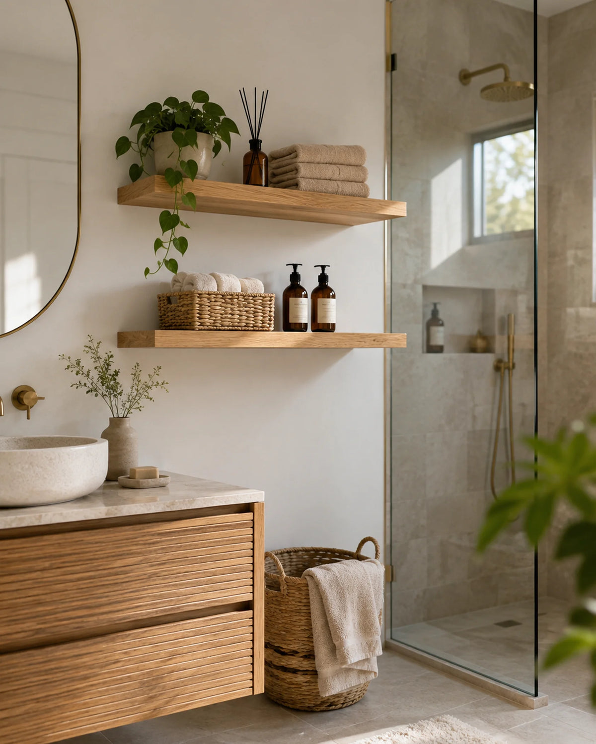 Straight Edge Floating Shelves for Bathroom - Set of 2, Oak Finish