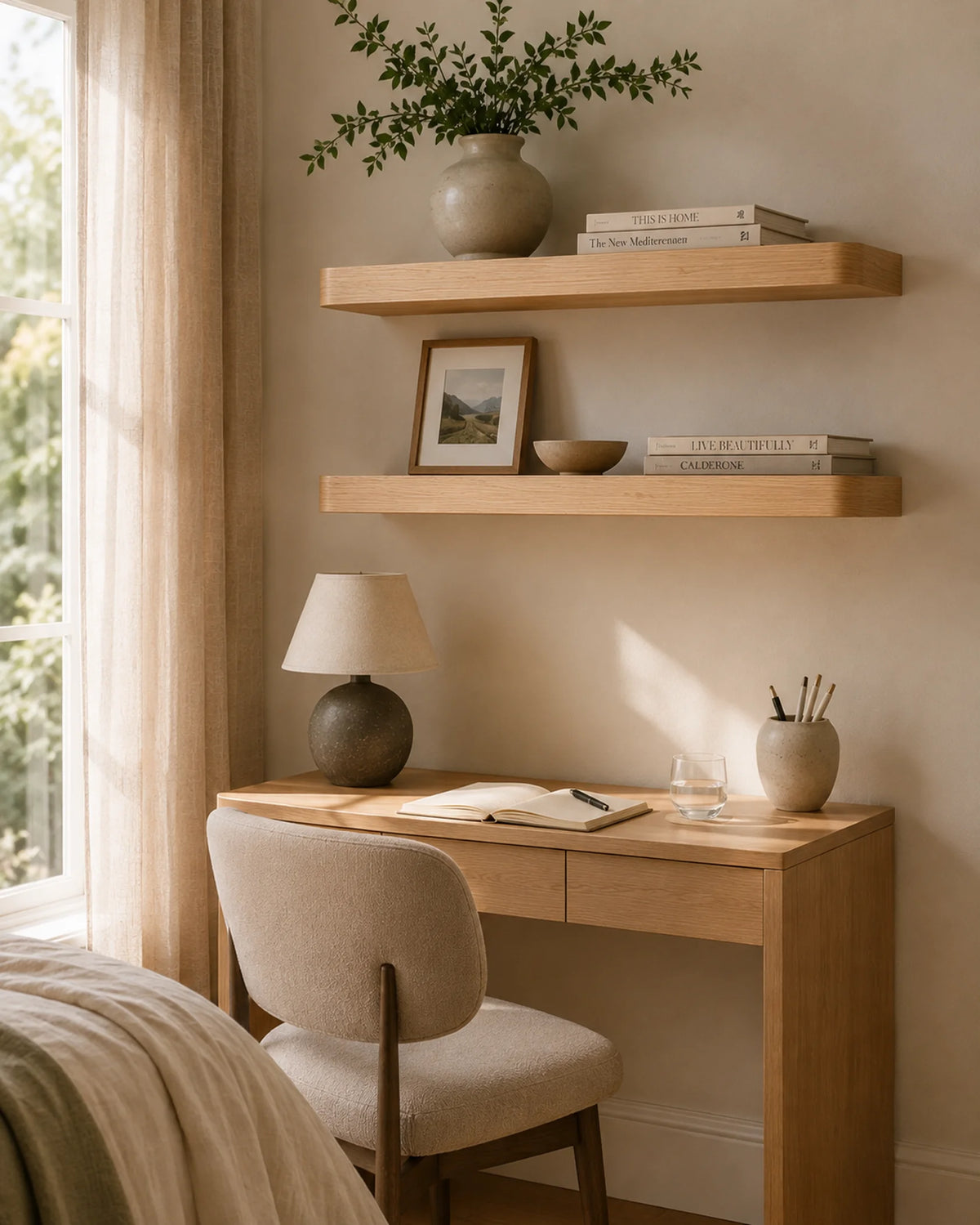 Rounded Edge Floating Shelves for Bedroom - Set of 2, Ash Finish