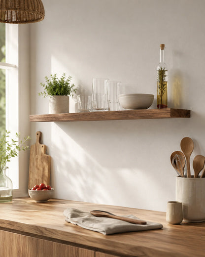 Straight Edge Floating Shelves for Kitchen - Set of 2, Walnut Finish