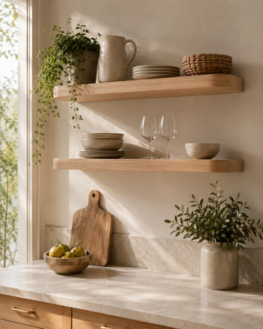 Rounded Edge Floating Shelves for Kitchen - Set of 2, Ash Finish