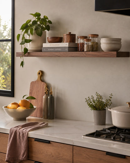 Straight Edge Floating Shelves for Kitchen - Set of 2, Walnut Finish