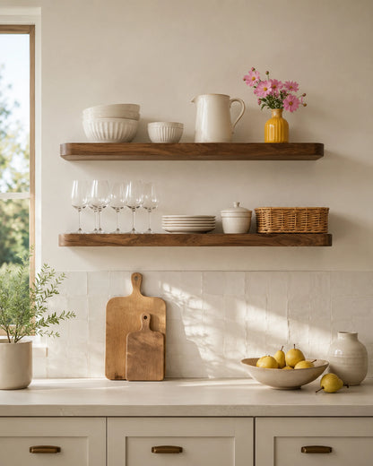 Rounded Edge Floating Shelves for Kitchen - Set of 2, Walnut Finish