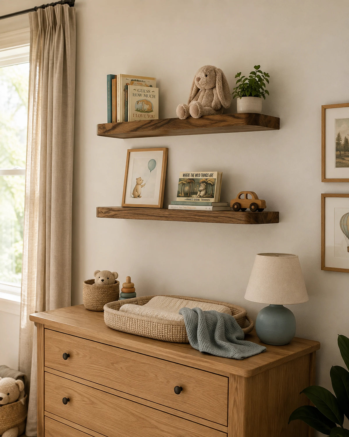 Rounded Edge Floating Shelves for Nursery - Set of 2, Walnut Finish
