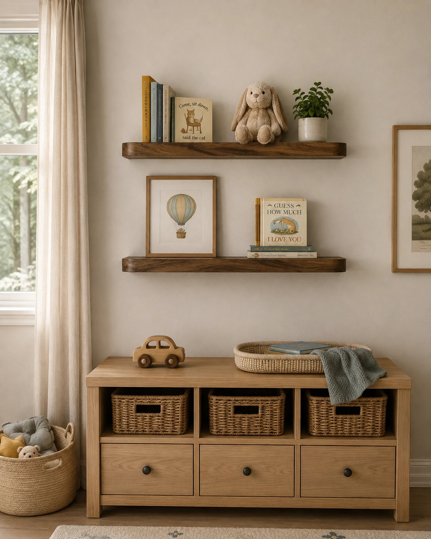Rounded Edge Floating Shelves for Nursery - Set of 2, Walnut Finish
