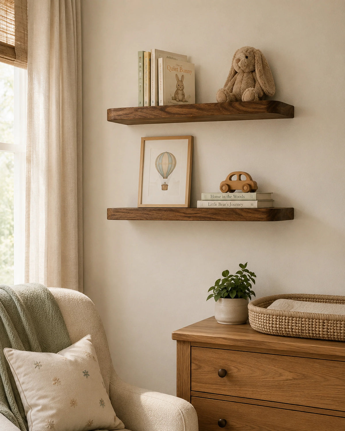 Rounded Edge Floating Shelves for Nursery - Set of 2, Walnut Finish