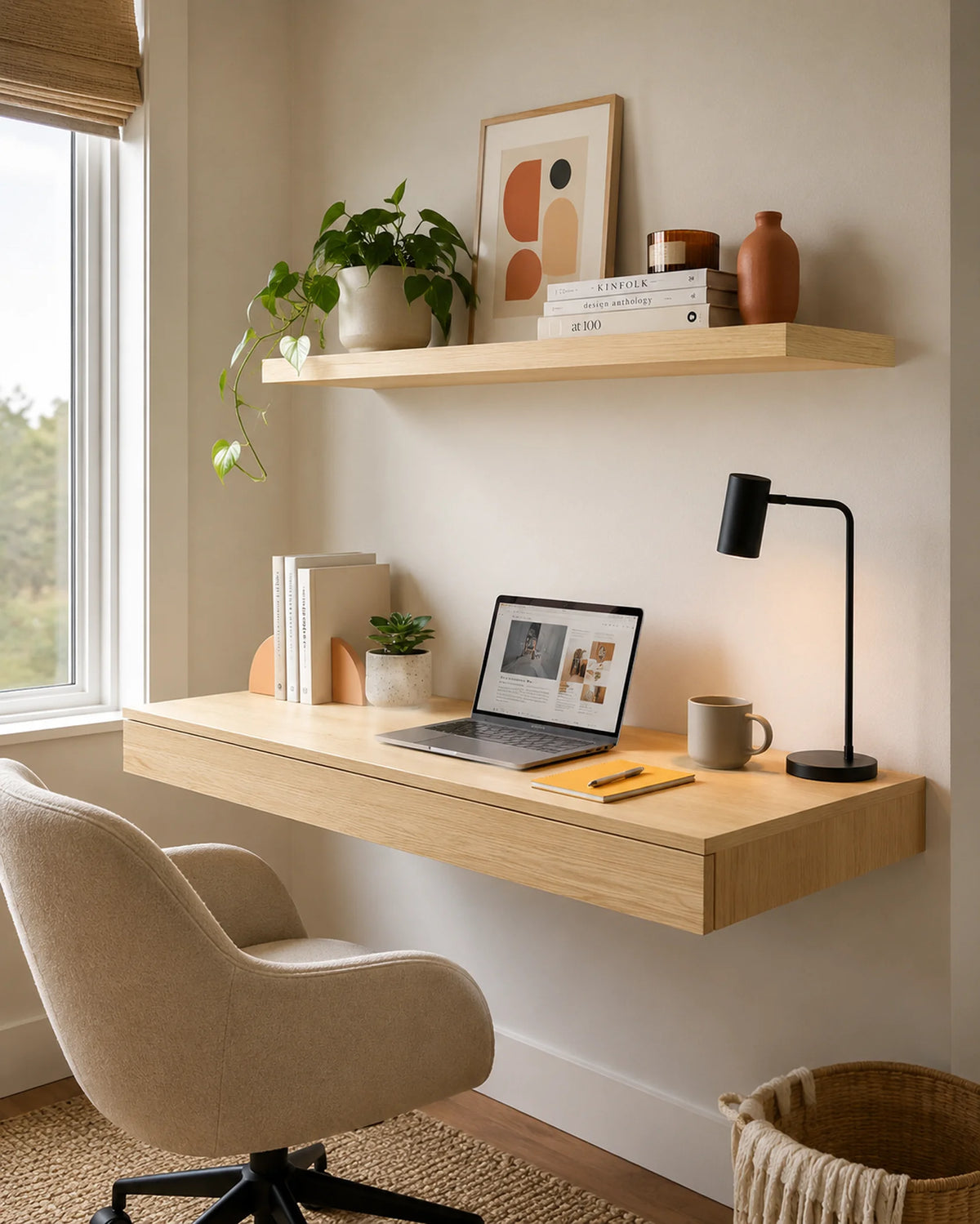 Straight Edge Floating Shelves for Office - Set of 2, Ash Finish