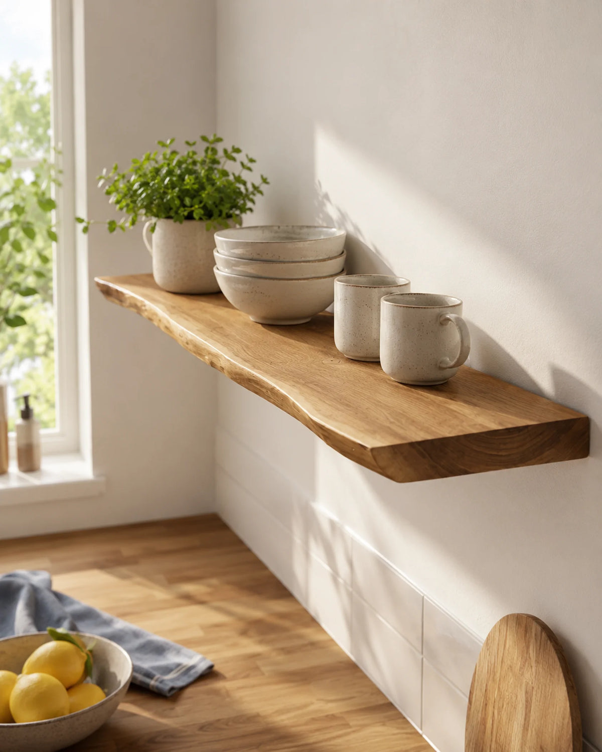 Live Edge Floating Shelf for Kitchen - Oak Finish