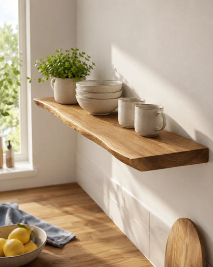 Live Edge Floating Shelf for Kitchen - Oak Finish