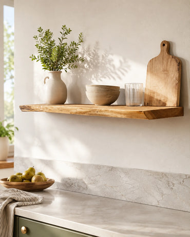 Live Edge Floating Shelves for Kitchen - Set of 2, Oak Finish
