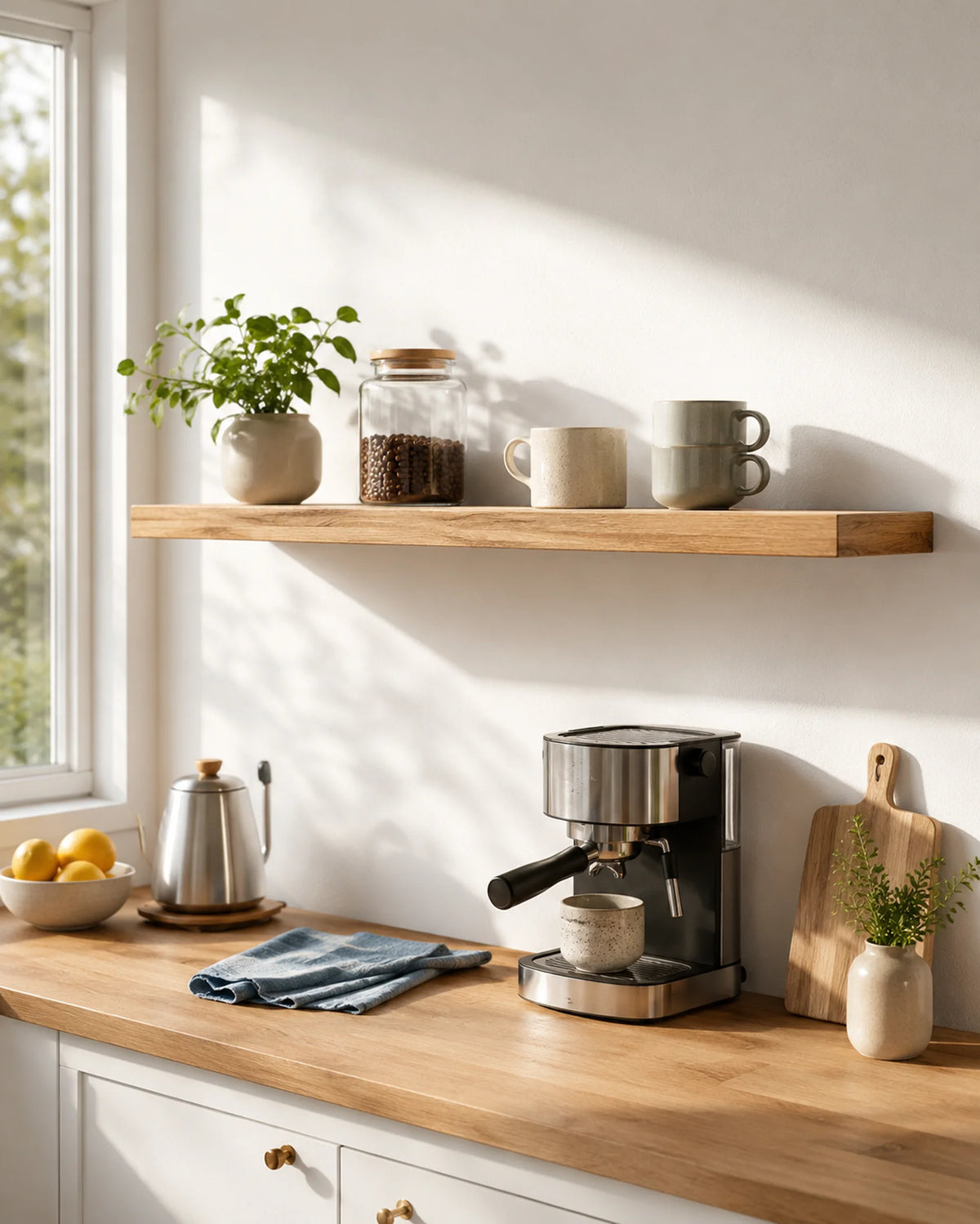 Straight Edge Floating Shelf for Kitchen - Oak Finish