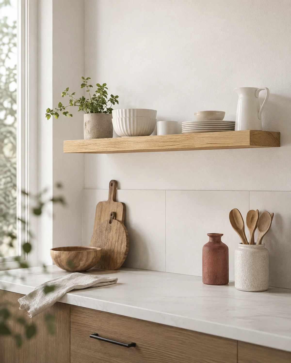 Straight Edge Floating Shelf for Kitchen - Oak Finish