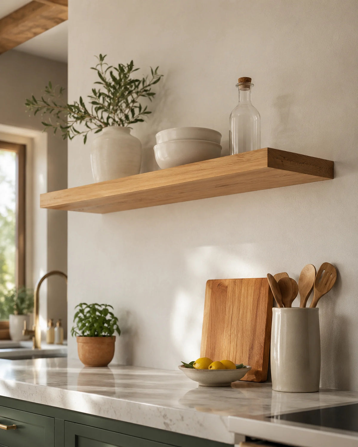 Straight Edge Floating Shelf for Kitchen - Oak Finish