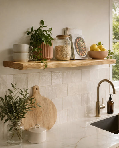 Live Edge Floating Shelf for Kitchen - Oak Finish