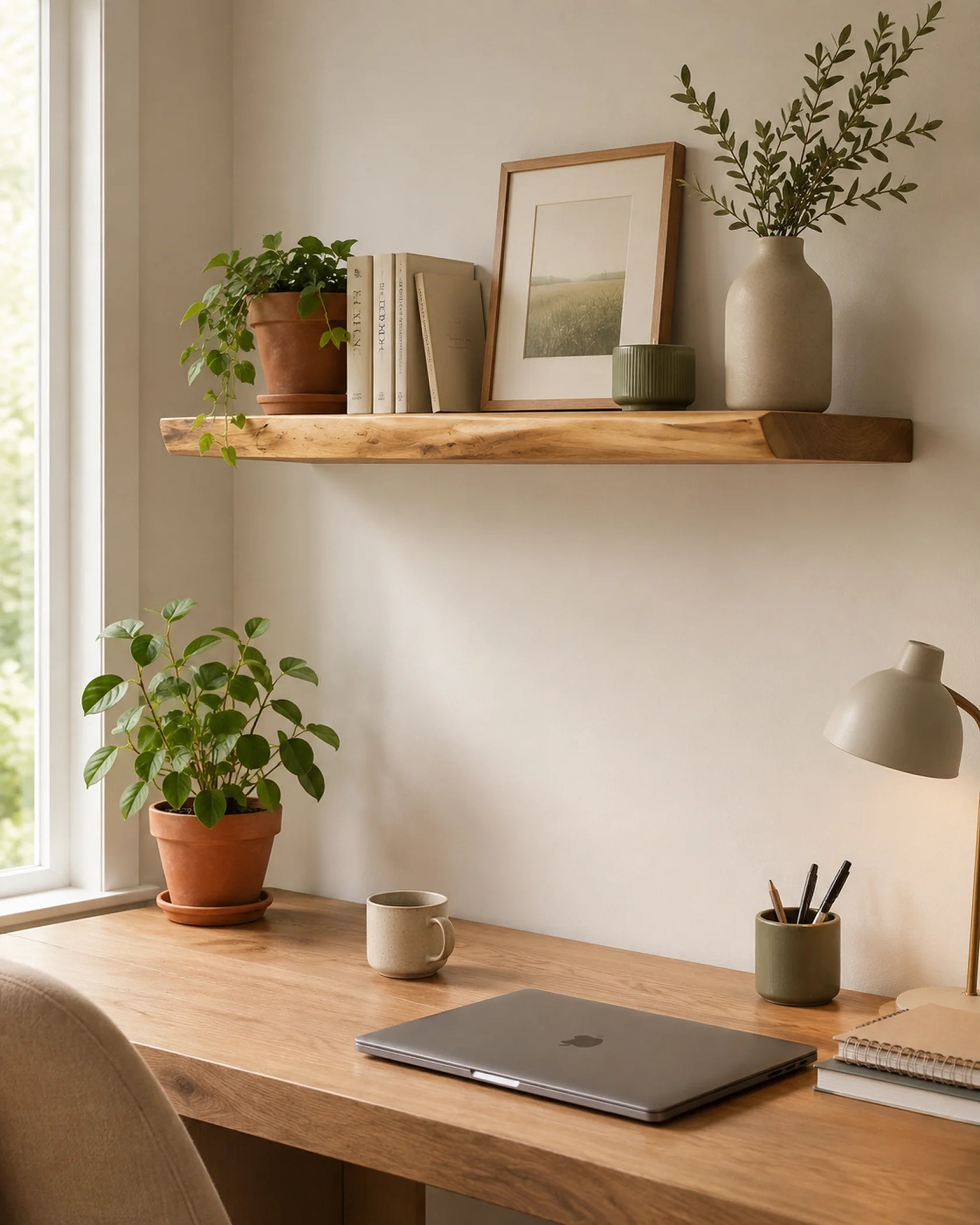 Live Edge Floating Shelf for Office - Oak Finish