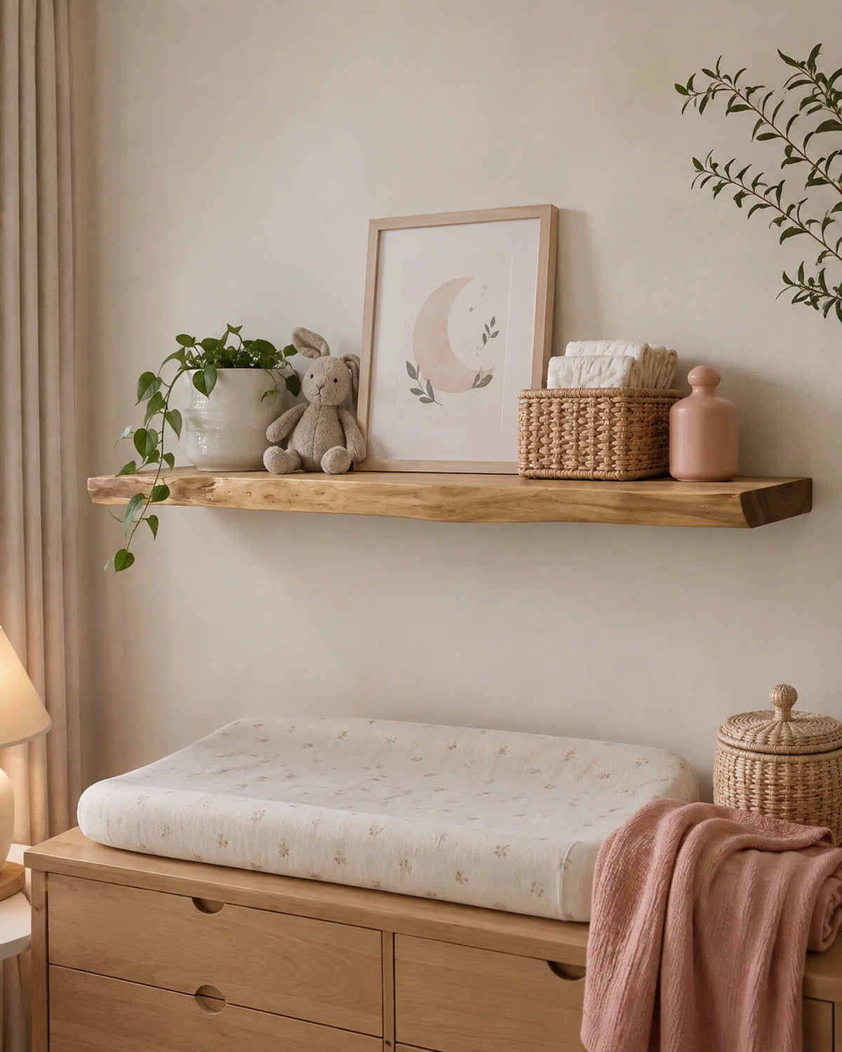 Live Edge Floating Shelves for Nursery - Set of 2, Oak Finish