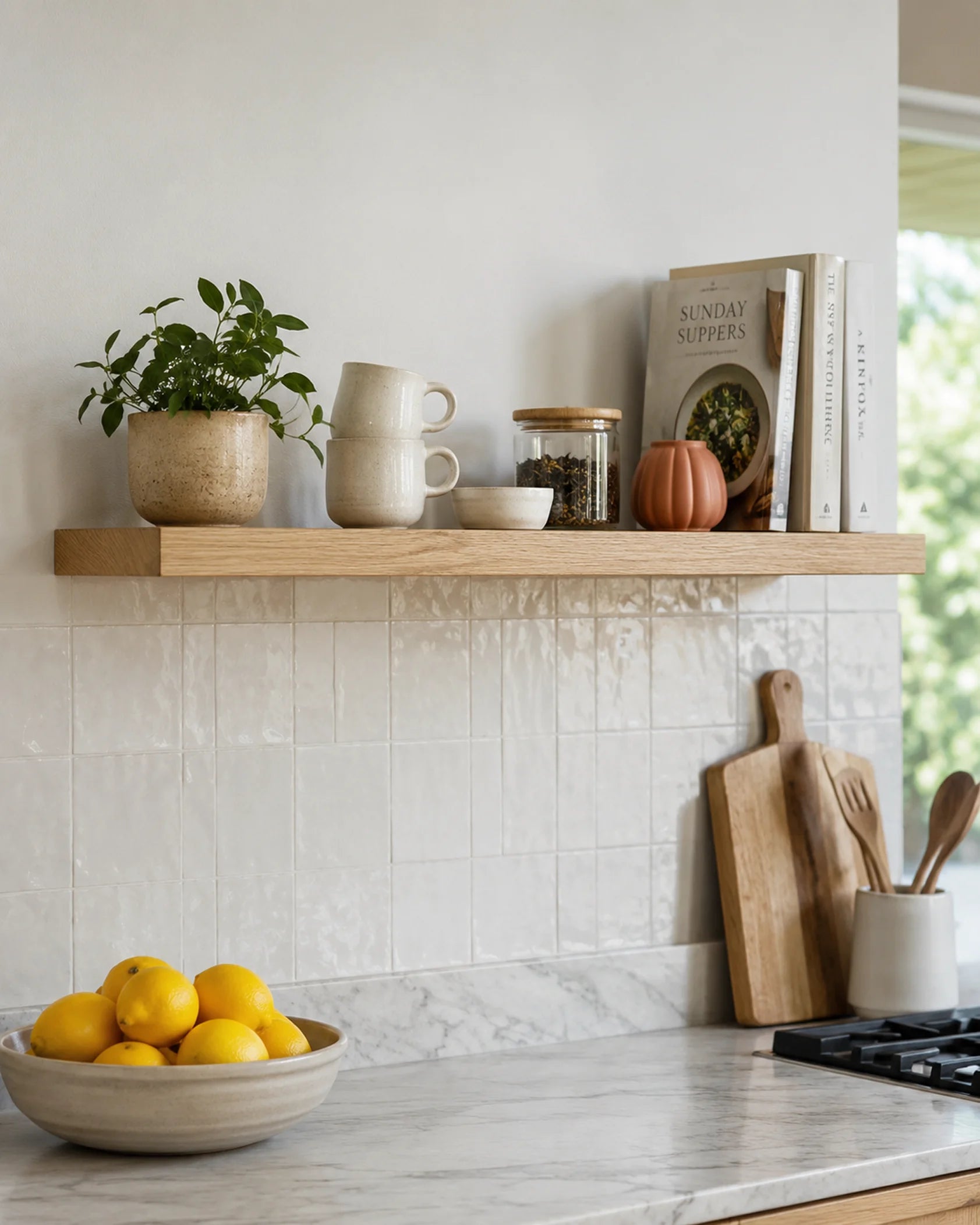 Straight Edge Floating Shelf for Kitchen - Oak Finish